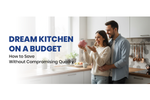 Couple planning a dream kitchen on a budget while holding a piggy bank in a modern kitchen
