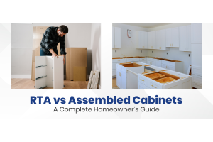 Side-by-side comparison showing a man assembling RTA cabinets and a finished kitchen with pre-assembled cabinets — RTA vs Assembled Cabinets Guide