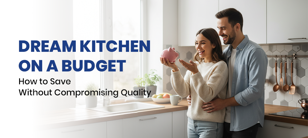 Couple planning a dream kitchen on a budget while holding a piggy bank in a modern kitchen