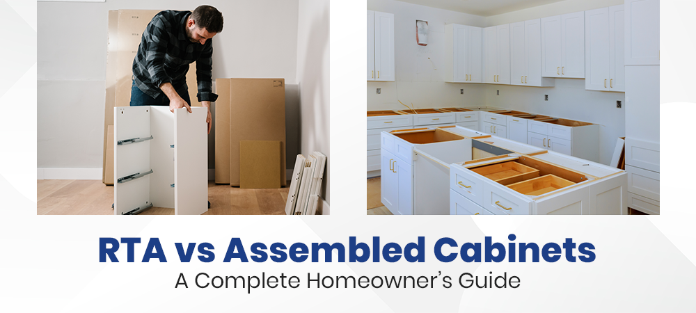 Side-by-side comparison showing a man assembling RTA cabinets and a finished kitchen with pre-assembled cabinets — RTA vs Assembled Cabinets Guide